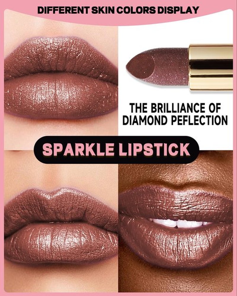 Glitter Metallic Brown Shimmer Lipstick Long Lasting, High Shine Glitter Diamond Creamy Nude Red Lipstick Transfer Proof Non-Stick Lip Gloss Shimmer High Impact Full Coverage Lip Makeup for Women-08