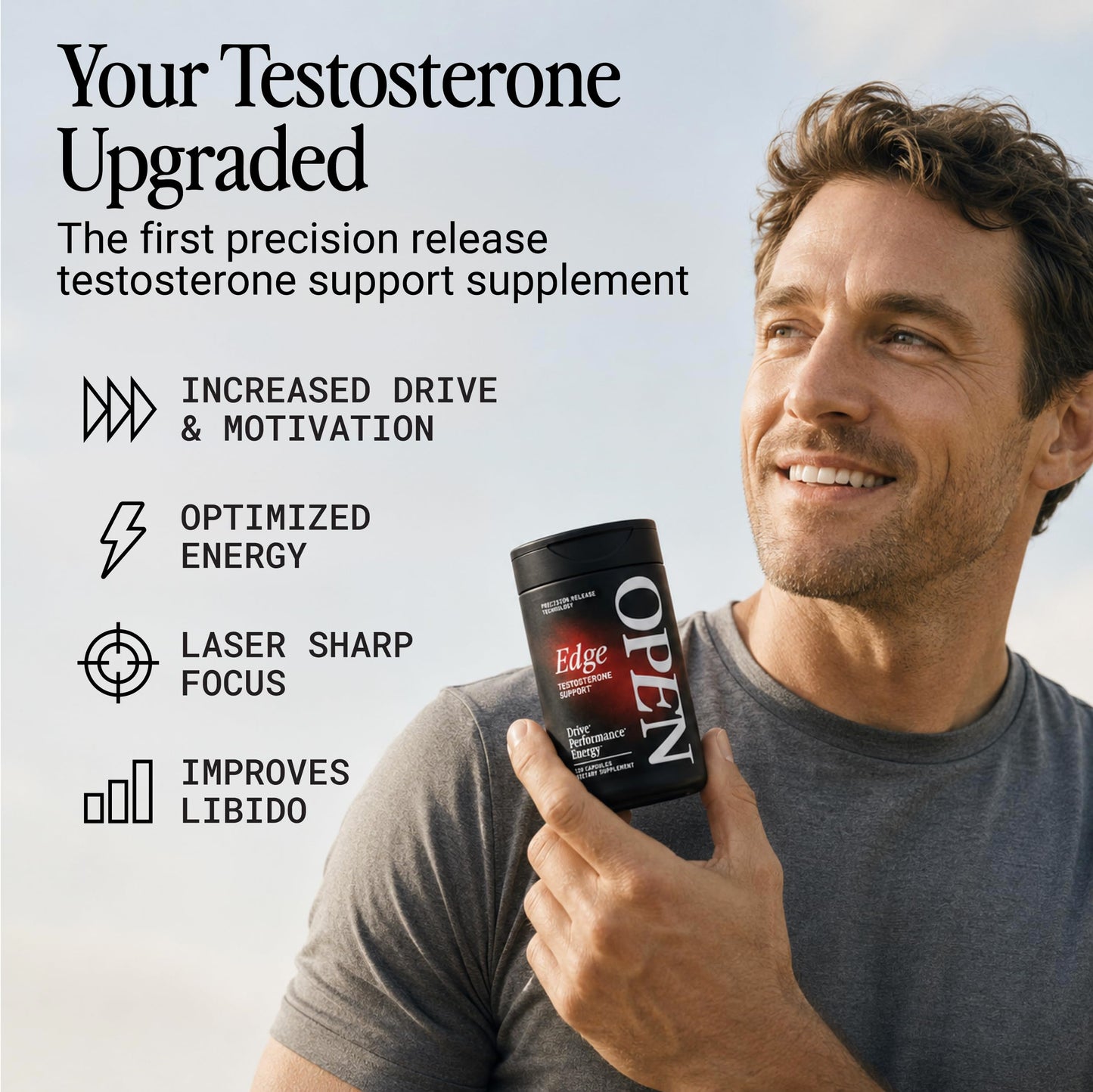 OPEN Essentials Testosterone Booster for Men - Drive, Energy & Muscle Support - 11-in-1 Formula, Tongkat Ali, KSM-66 Ashwagandha, Fenugreek, Boron, DIM - 120 Max Absorption Capsules, Made in USA
