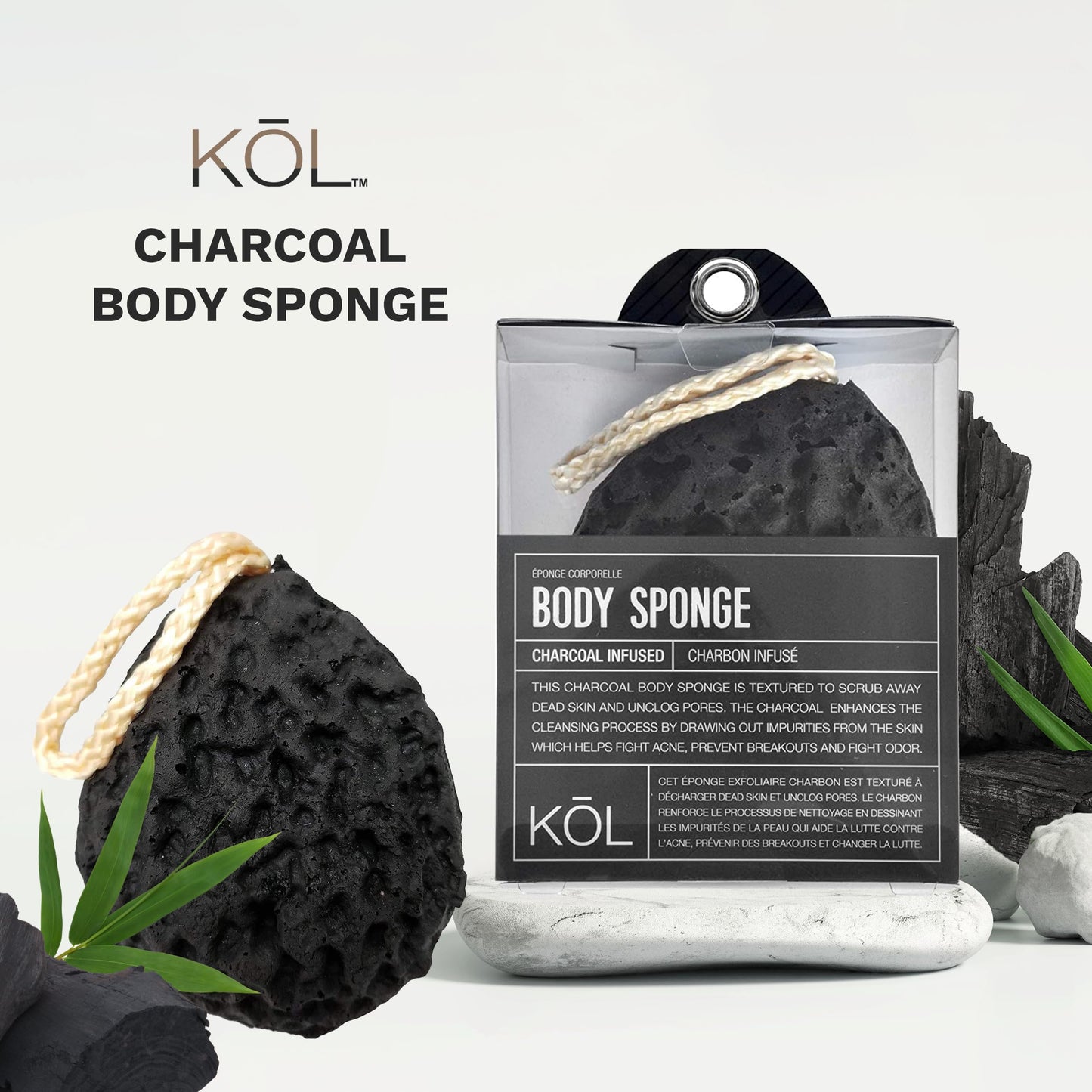 KOL Loofah, Bamboo Charcoal Infused Shower Body Sponge for Men and Women, Exfoliating Bath Scrubber, Black