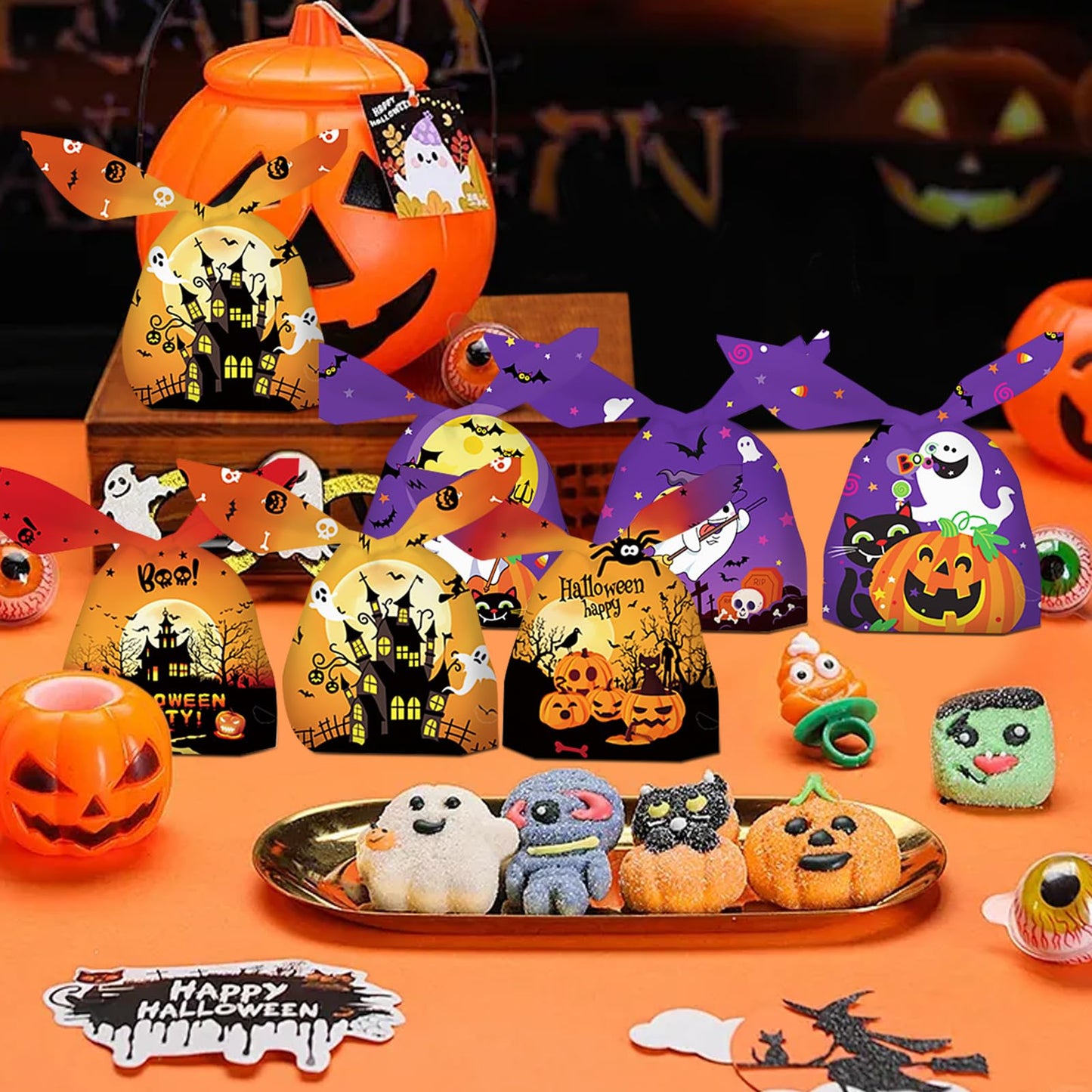 SAILYLENCEY]100-Pack Halloween Candy Bags, Halloween Treat Bags, 6 Patterns, 2 Colors (Purple/Orange) for Party Favors