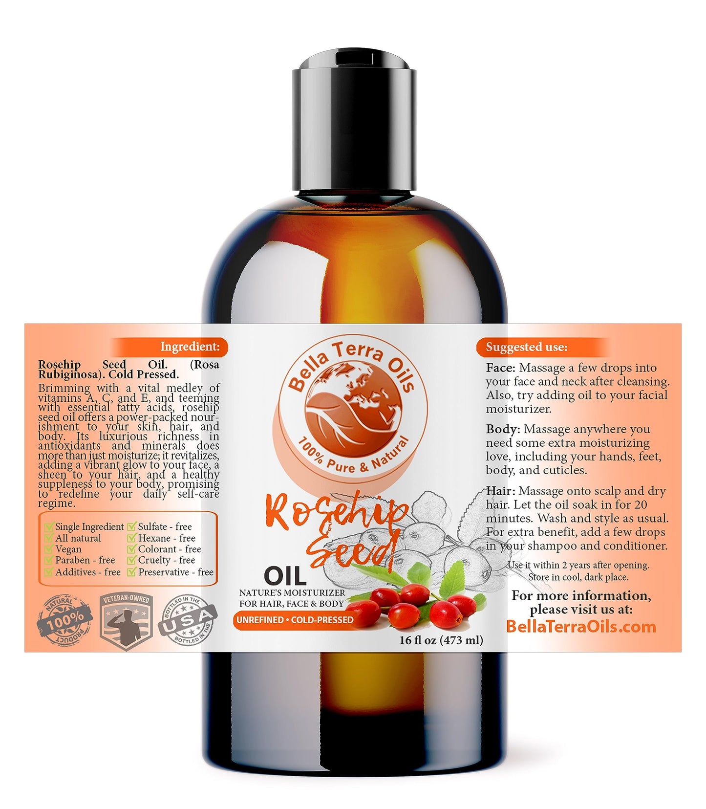 Bella Terra Oils Natural Rosehip Oil for Face, Pure Cold-Pressed Rose Hip Seed Oil for Skin & Hair, Natural Moisturizer & Anti-Aging Facial Oil 16oz
