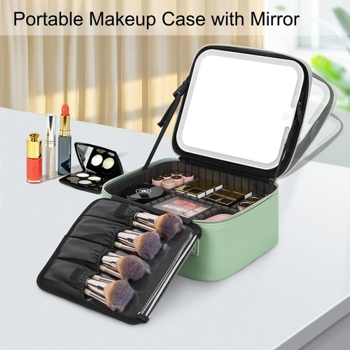 Relavel Makeup Bag With LED Mirror, Travel Makeup Organizer Train Case with 3 Color Lighting Brightness, Rechargeable Cosmetic Vanity Case for Women with Makeup Brush Compartments, Green