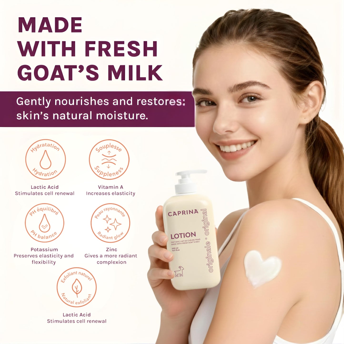 Caprina by Canus Goat Milk Body Lotion, ORIGINAL, 500 ml (16.9 fl oz), Hydrating Daily Moisturizer for Normal to Dry Skin, Fast-Absorbing & Non-Greasy