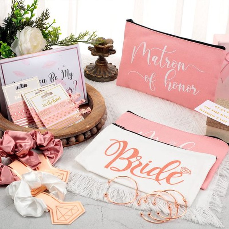 63 Pcs Bridesmaid Proposal Gifts Bulk Maid of Honor Gifts Matron of Honor Gifts Brides Bridesmaid Cosmetic Makeup Bag Hair Knotted Bracelets Invitation Cards for Wedding Bachelorette (Dreaming Style)