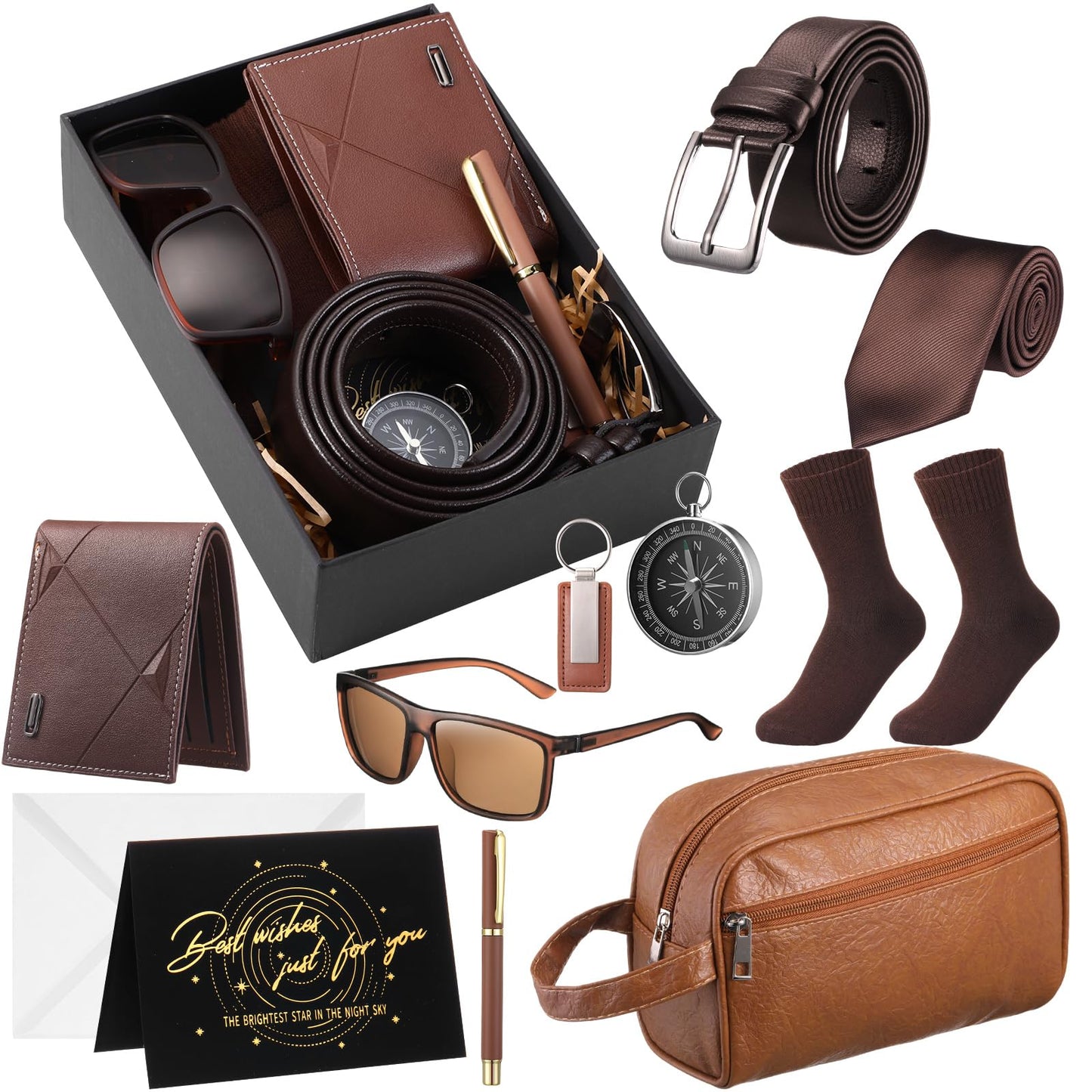 Geyoga 12 Pcs Men Birthdays Gift Set with Box for Men Him Basket Thank You Dad PU Leather Wallet Leather Toiletry Bag Tie Socks Belt Keychain Sunglasses Pen Compass Set(Brown)