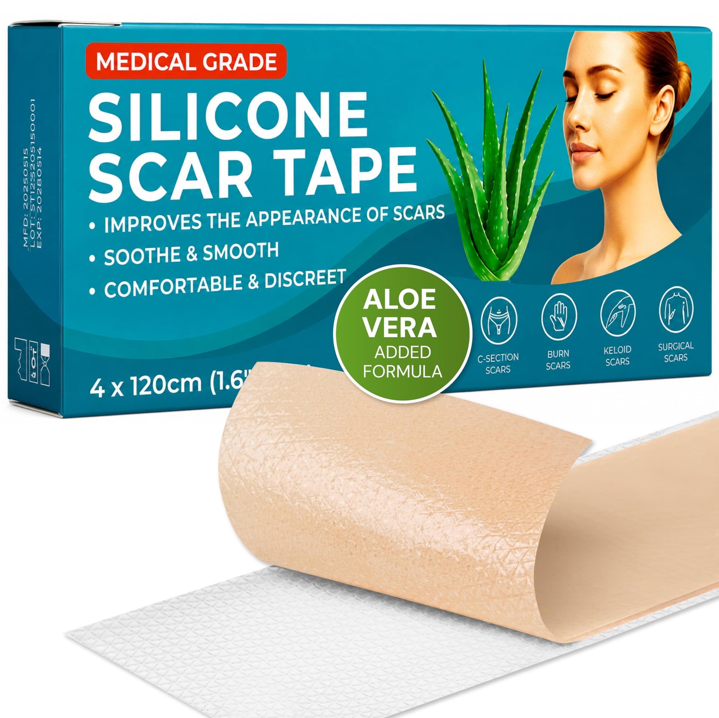 Silicone Scar Tape for Scar Treatment, Silicone Scar Sheets for Surgical Scars, C Section Scar Silicone Strips, Silicone Tape Medical Grade Aloe Vera Scar Tape, for Face and Body