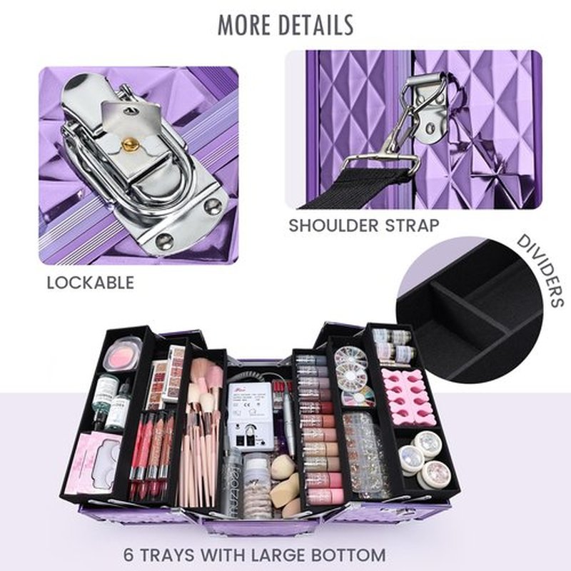 FRENESSA Extra Large Makeup Organizer Case Cosmetic Train Case 6 Trays Large Bottom with Shoulder Strap Travel Makeup Case for Makeup Artist, Cosmetology, Nail Tech Kits Makeup Box Storage Purple