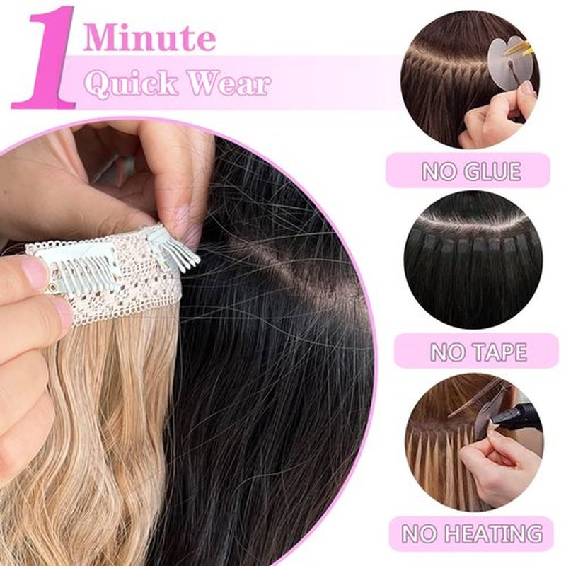 MORICHY Clip in Hair Extensions Clip ins 16'' Wavy Curly Clip in Hair Extensions Invisible Soft Lace Seamless Clip in Hair Extensions Highlights Brown Hair Extensions Synthetic Hair Pieces for Women