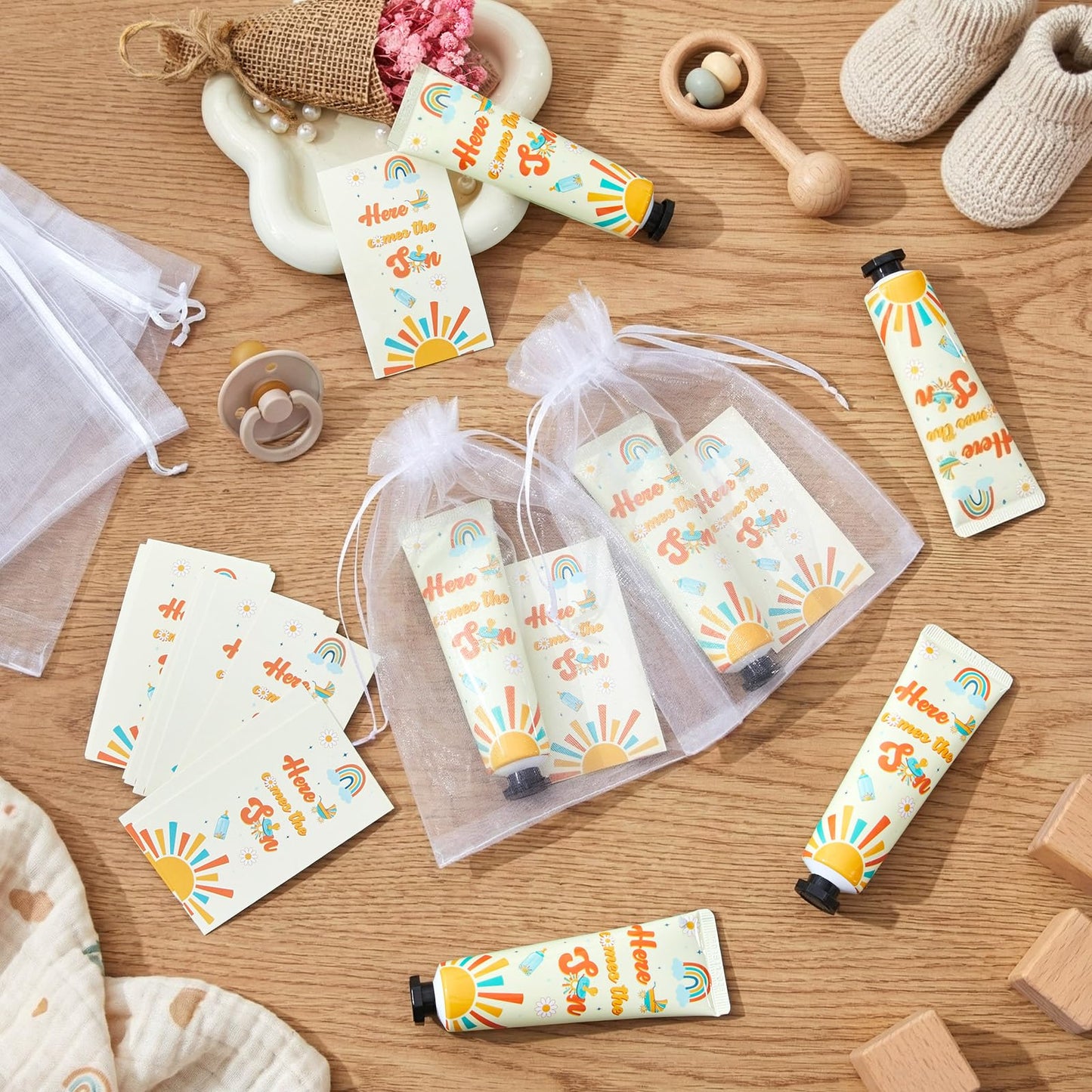 Swiffen 24 Sets Here Comes The Son Baby Shower Hand Cream Bulk Sunshine Baby Shower Favors Hand Cream for Guests Travel Size Lotion with Organza Bags