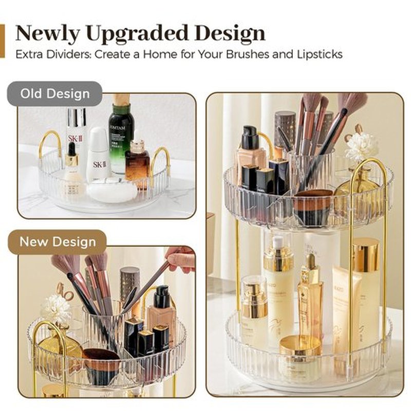 Aveniee 360 Rotating Makeup Organizer for Vanity, Upagraded Perfume Skincare Bathroom Counter Organizers with Brush Divider, Two Tier Spinning Lipstick Cosmetic Makeup Lotion Storage Organizer(White)