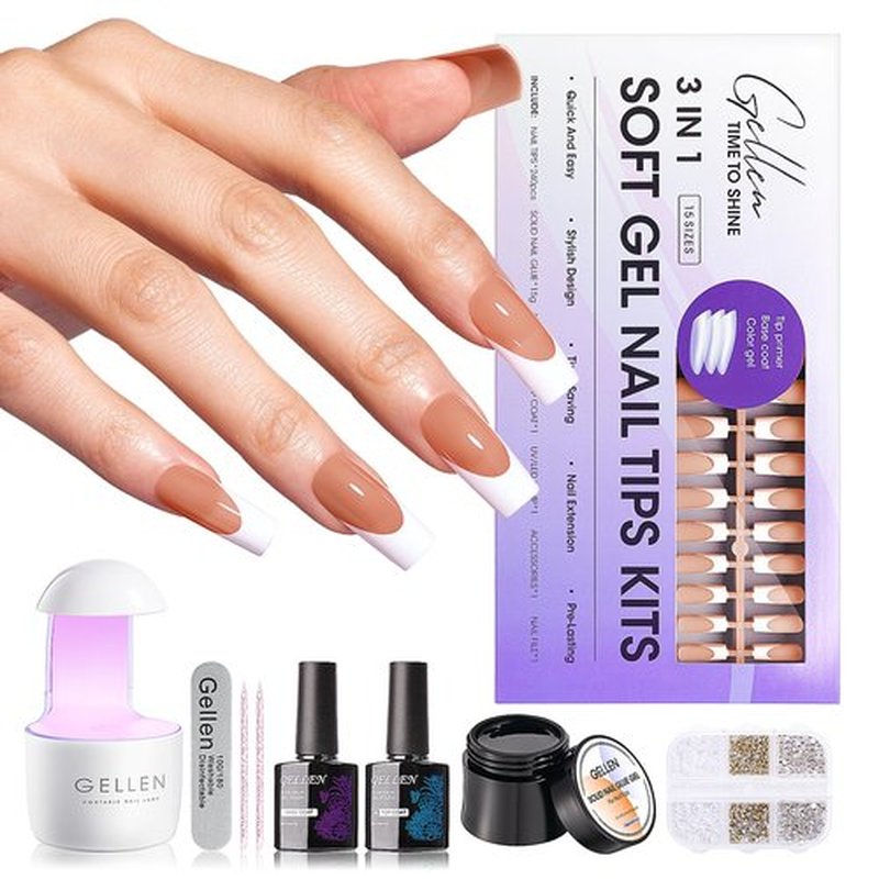 Gellen French Gel Nail Kit - Brown Long Square French Tip Fake Nails Matte Finished White Tips French Press on Nails, Solid Gel x Nail Glue & Top and Base Coat Gel Nail Polish for Nail Art DIY