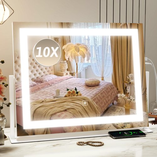 ROLOVE Vanity Mirror with Lights 22"x18", Lighted Makeup Mirror with 10X Magnification, Smart Touch 3 Colors Dimmable, 360° Rotation, White