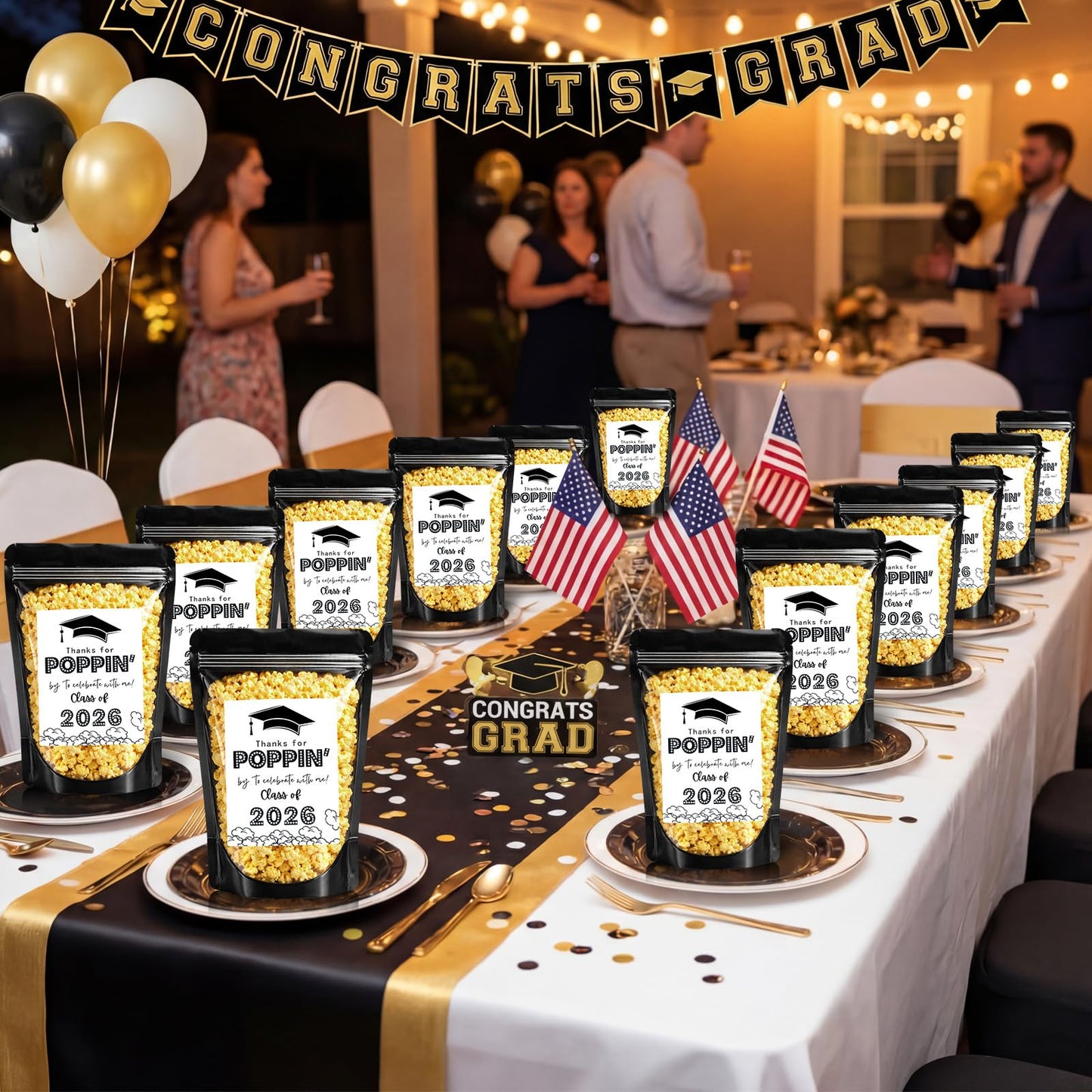 Zhehao 50 Pack Graduation Popcorn Treat Bags Class of 2026 Graduation Party Favors Candy Goodie Cookie Small Gift Bags Thanks for Popping by to Celebrate Resealable Zip Bag Individual Stickers(Black)