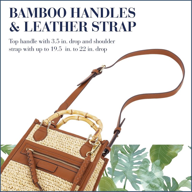 Raffia Tote Bag - Structured Summer Handbag with Bamboo Handle | Crossbody Strap, Cognac & Natural