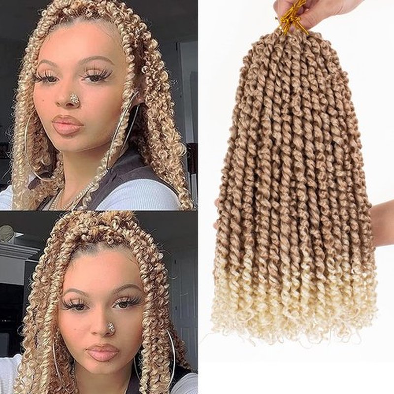 Leeven Ombre Blonde 14 Inch Pretwisted Passion Twist Hair 8 Packs Pre Looped Short Passion Twist Curly Ends Synthetic Bohemian Braids Crochet Hair Extensions for Black Women #T27/613