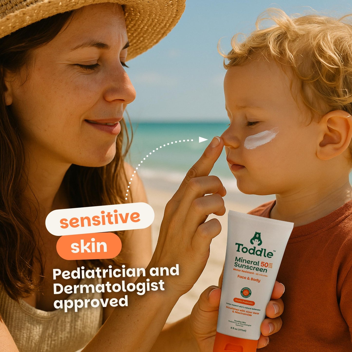 Toddle Prebiotic Mineral Sunscreen SPF 50 for Kids & Baby, Face & Body Sun Protection, Reef Safe, Non-Toxic Zinc Oxide Broad Spectrum, Water-Resistant, No White Cast, Travel Size 3.4oz