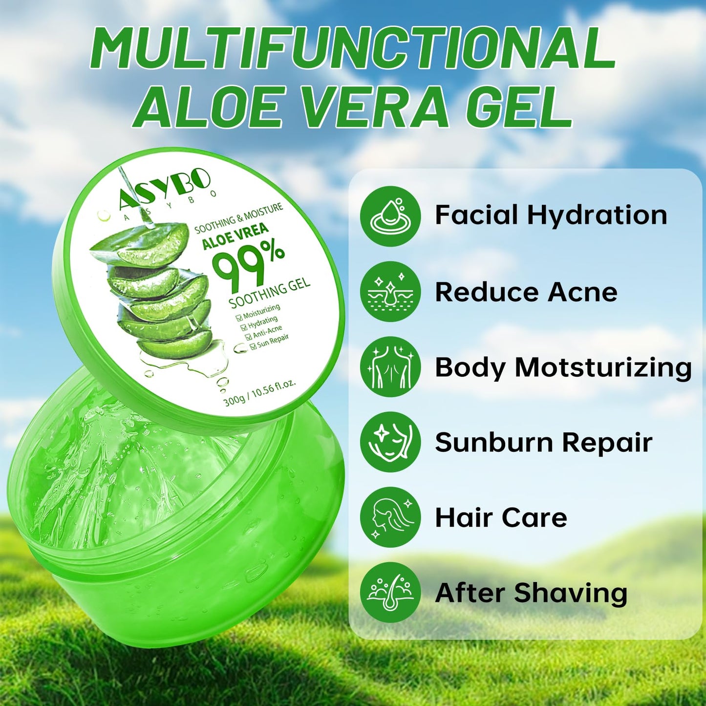 ASYBO 300 ML Natural Aloe Vera Gel -Organic Moisturizing Cream, Soothing and Hydrating, Sunburn and Scar Repair, Care for Face Body Hair