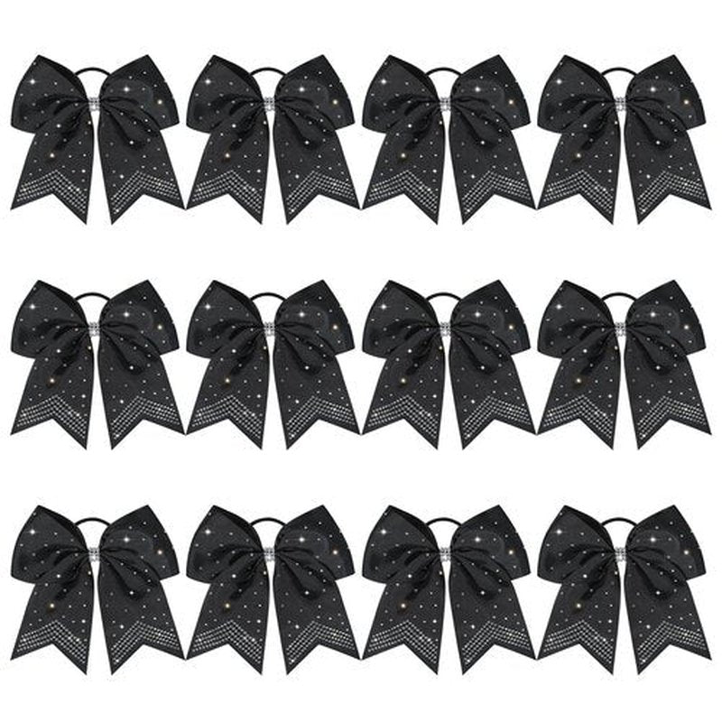 CEELGON 12 PCS Large Rhinestones Cheer Bows, 7" Glitter Cheer Bows Ponytail Holder for Cheerleaders Girls Softball Sports Competition, Black with Full Rhinestone