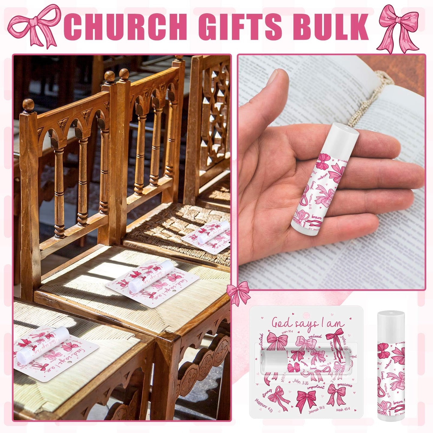 Sacubee 25 Pack Pink Bow Christian Gifts Bulk for Women Men Religious Lip Balms Bulk Church Party Favors Christmas Party Gifts Stocking Stuffers Bible Verse Study Supplies for Employee Staff Coworkers