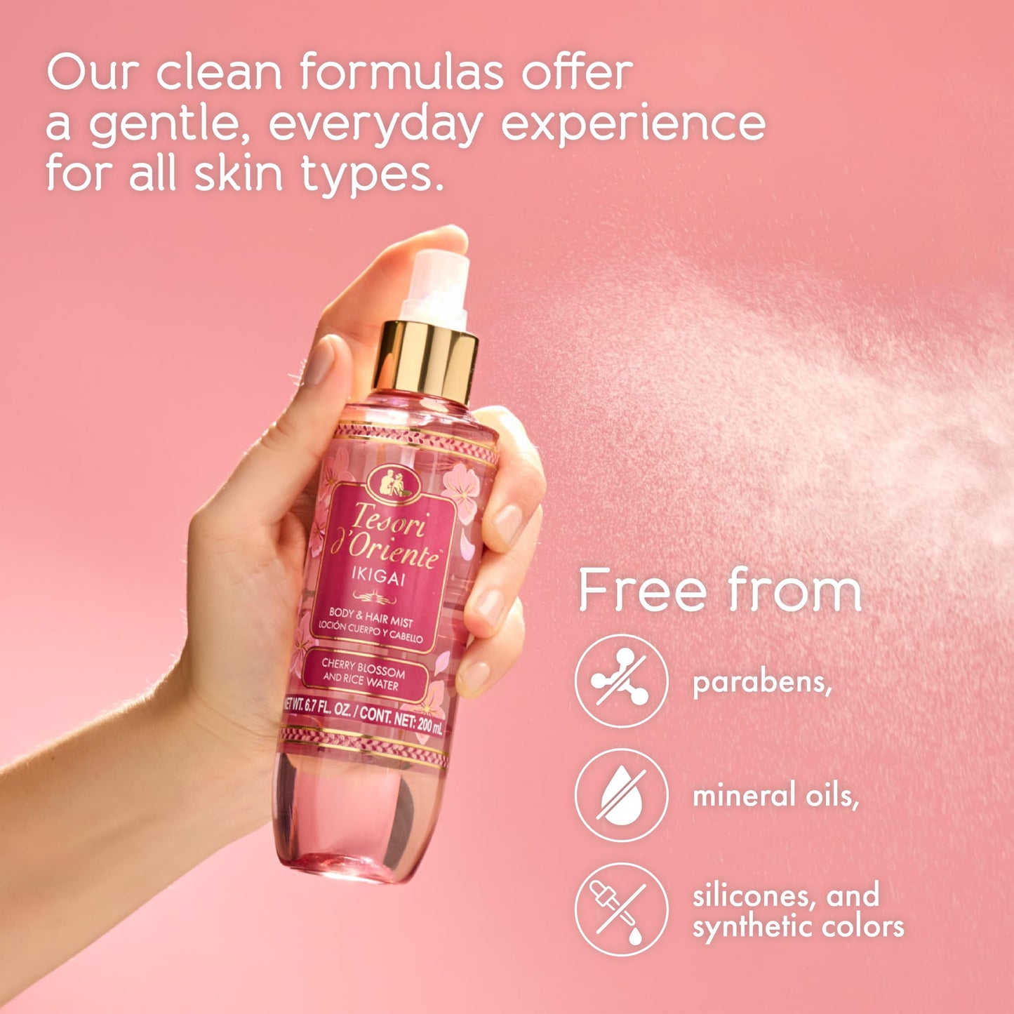 Tesori d’Oriente Ikigai Hair & Body Mist for Women & Men, 6.7 fl oz, Lightweight Floral Scent with Cherry Blossom & Rice Water, Refreshing, Layerable Fragrance for Skin & Hair