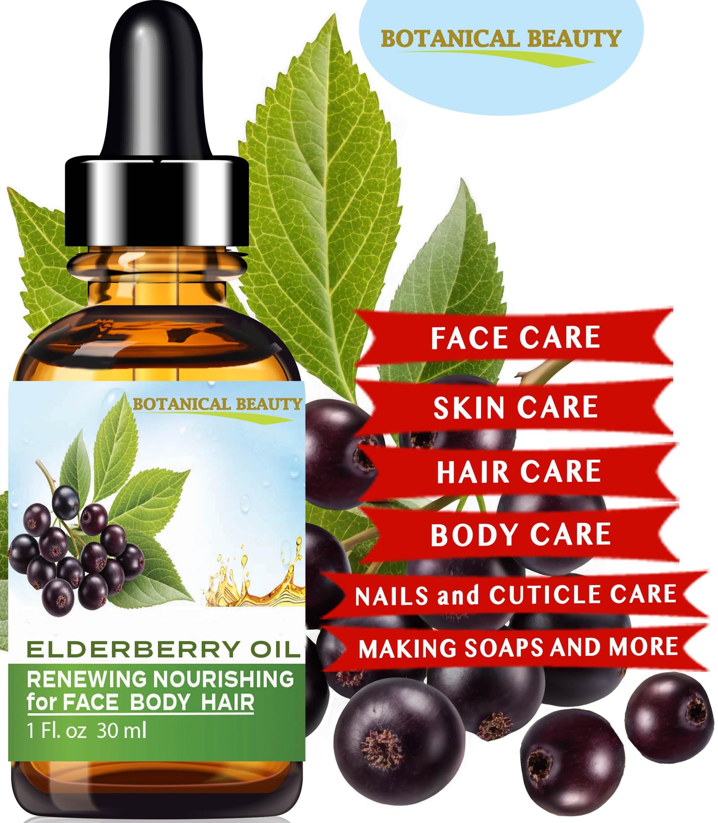 Botanical Beauty ELDERBERRY OIL Sambucus Nigra 100% Pure Natural Virgin Unrefined Cold Pressed Carrier Oil 0.5 Fl. Oz.- 15 ml for Face, Skin, Hair, Nails, Moisturizing. Rich in Vitamin E