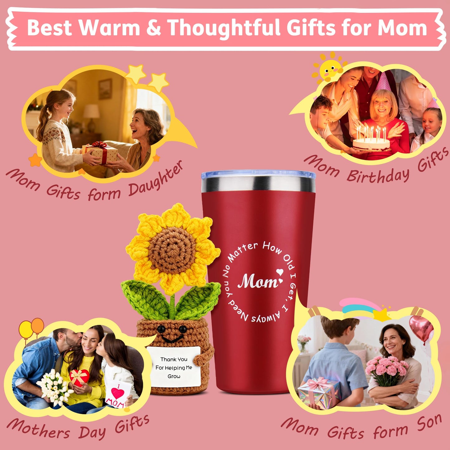 Mom Gifts, Birthday Gifts for Mom from Daughter Son,Sunshine Gift Set w/Handmade Crochet Sunflower & Insulated Tumbler,Cool Women Gifts Ideas for Mothers Day,Presents for Mom,Mommy,Mother in Law