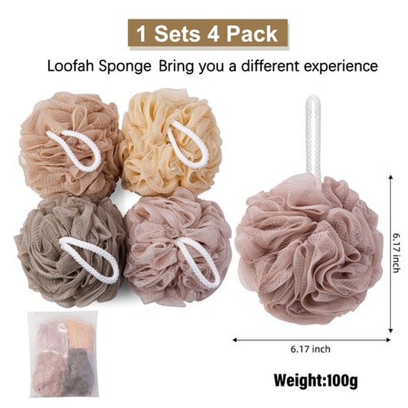 MTDLYICE Loofah Sponge 4 Pack, Bath Sponge Soft Mesh Shower Puff Loofah for Women 100g, Exfoliating Body Scrubber, lufas for Women, Shower Accessories (Apricot)