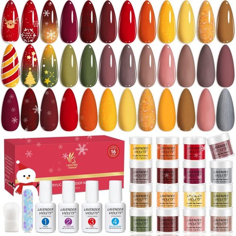 Lavender Violets 22Pcs Dip Powder Nail Kit Starter - 16 Dip Powder Fall Winter Colors Red Brown Gold Green Dipping Powder Set with Dip Powder Liquid Set for Women Gifts M967