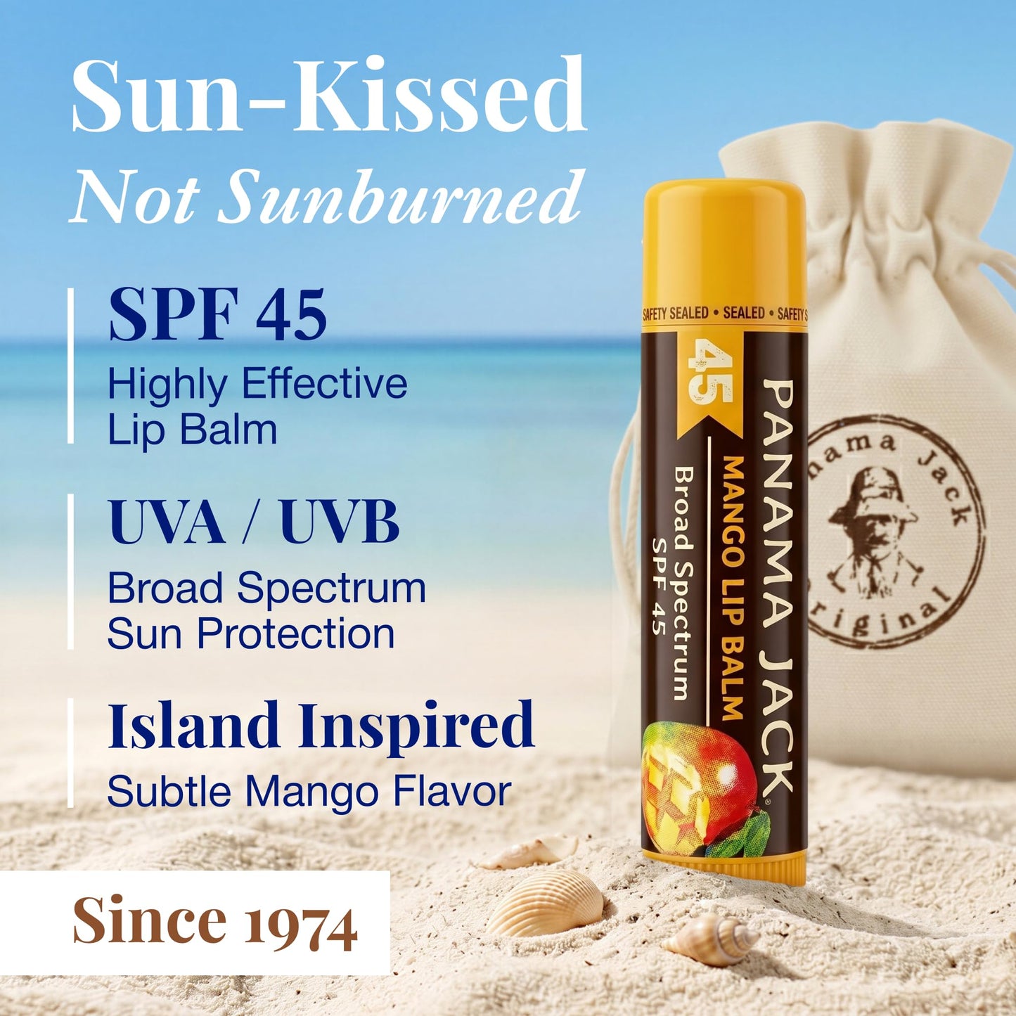 Panama Jack Sunscreen Lip Balm - SPF 45, Broad Spectrum UVA-UVB Sunscreen Protection, Prevents & Soothes Dry, Chapped Lips, Mango, 3-pack