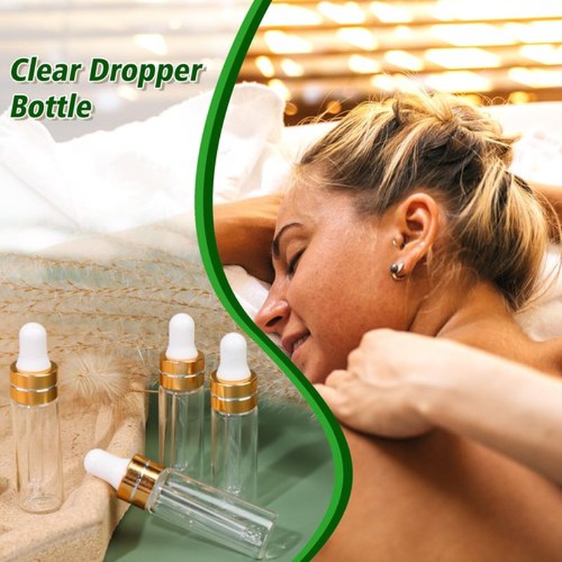 Comrzor 50 Pack 5ml Clear Glass Dropper Bottles with 2 Pcs Plastic Droppers, Mini Sample Dropper Bottles for Essential Oils Perfume Cosmetic Liquid, Empty Travel Sample Vials with Gold Cap