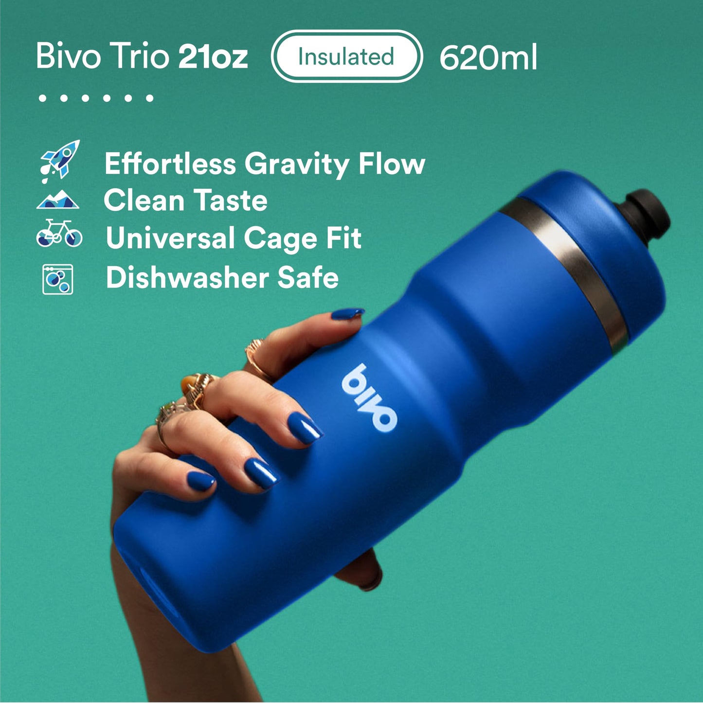 Bivo Trio 21oz Insulated Stainless Steel Bike Water Bottle - for Cycling - Fits Most Cages, Dishwasher Safe, High Flow Sports Nozzle - Keeps Drinks Cold 12+ Hours - Black