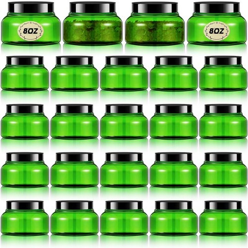Tessco 24 Pack Plastic Jars with Lids Labels Plastic Containers Round Refillable Cosmetic Containers Empty Body Butter Jars Sugar Scrub Containers for Cosmetics (Translucent Green and Black,8 oz)