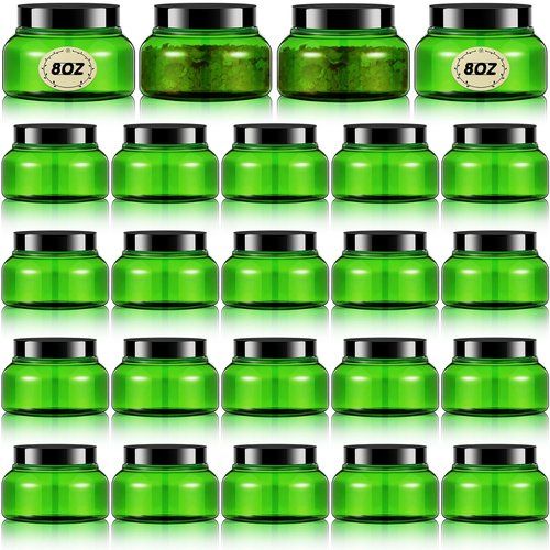 Tessco 24 Pack Plastic Jars with Lids Labels Plastic Containers Round Refillable Cosmetic Containers Empty Body Butter Jars Sugar Scrub Containers for Cosmetics (Translucent Green and Black,8 oz)