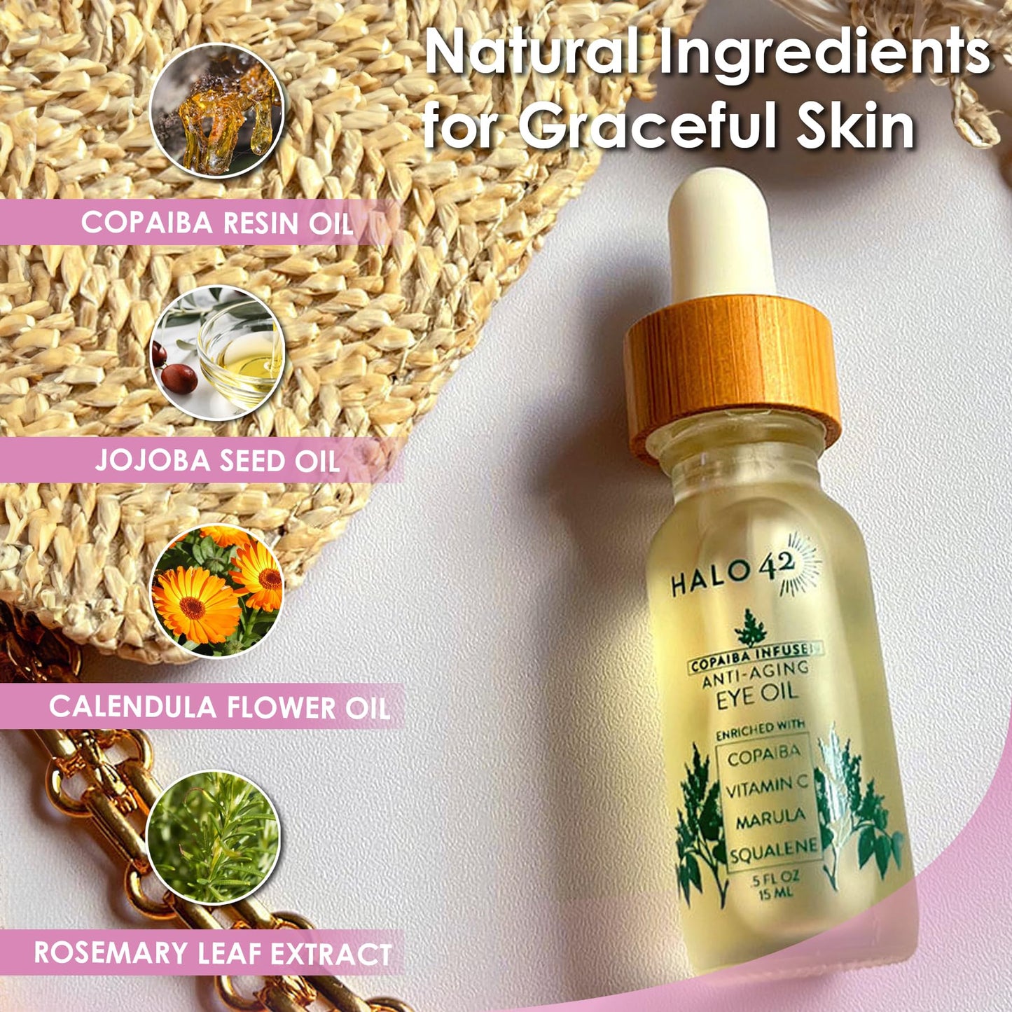 Halo 42 Anti-Aging Copaiba Eye Oil - Reduces Wrinkles, Puffiness & Dark Circles, Natural Ingredients, Hydrating & Firming Formula - 15ml