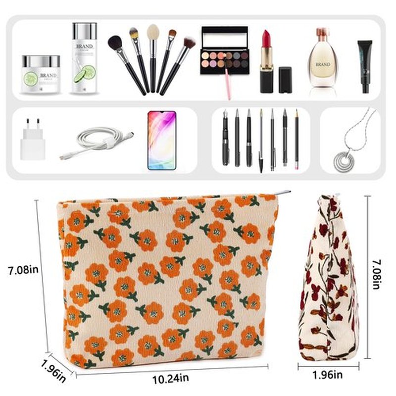 ZLFSRQ 2Pcs Daisy Flower Makeup Bag Travel Cute Cosmetic Bags for Women Large Floral Makeup Pouch Zipper Cosmetic Pouch Set for Purse Aesthetic Corduroy Makeup Organizer Bag Portable Toiletry Bag
