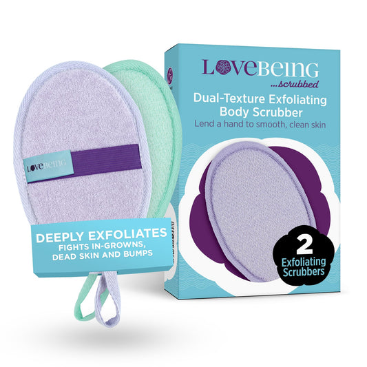 LoveBeing Scrubbed Dual-Texture Exfoliating Body Scrubber, Shower Scrubber for Body, Body Scrubber for Smooth, Clean Skin, Daily Skincare Bath Sponge for Men & Women (2 Count, Assorted Colors)