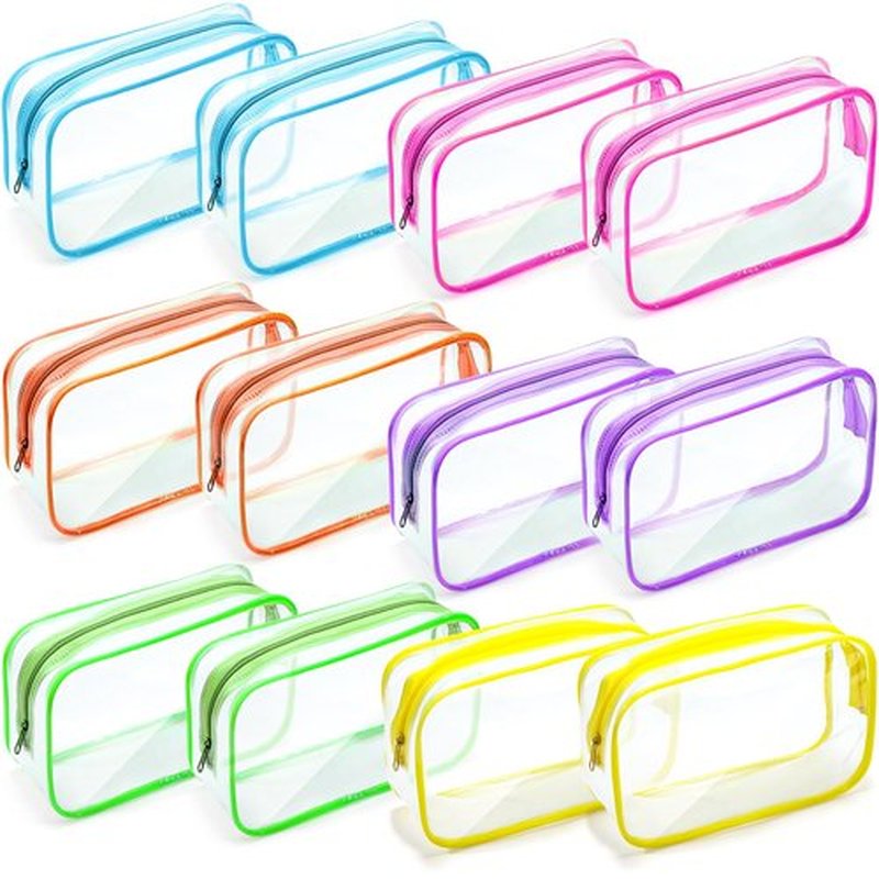 Weewooday 12 Pieces Clear Cosmetics Bag PVC Zippered Clear Toiletry Carry Pouch Cosmetic Makeup Bag Waterproof Makeup Bag Vinyl Plastic Organizer Case for Vacation Bathroom(Medium,Bright Color)