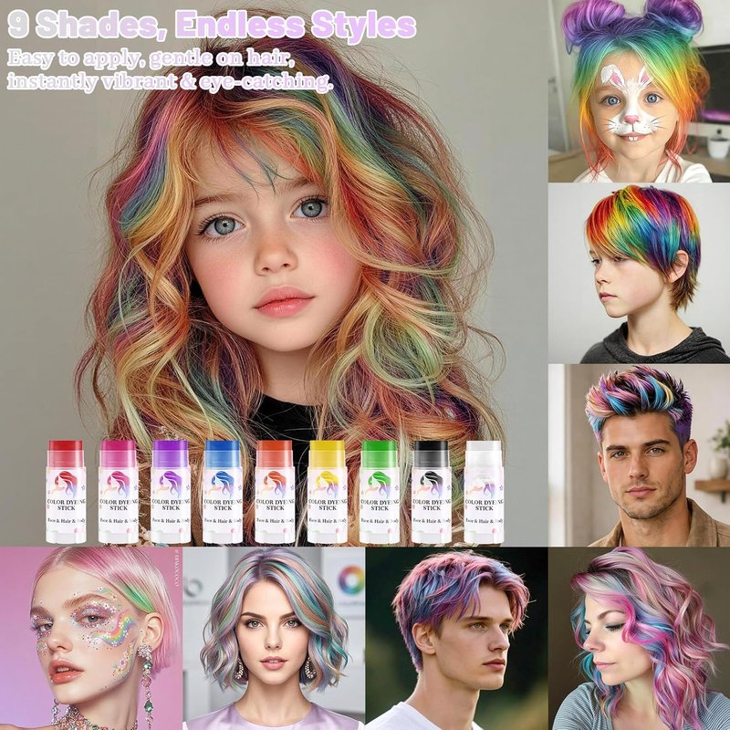 Temporary Hair Color Stick Set - Waterproof & Sweatproof Hair Chalk | Non-Sticky Washable Face & Body Paint (Red, Blue, Green, Purple)