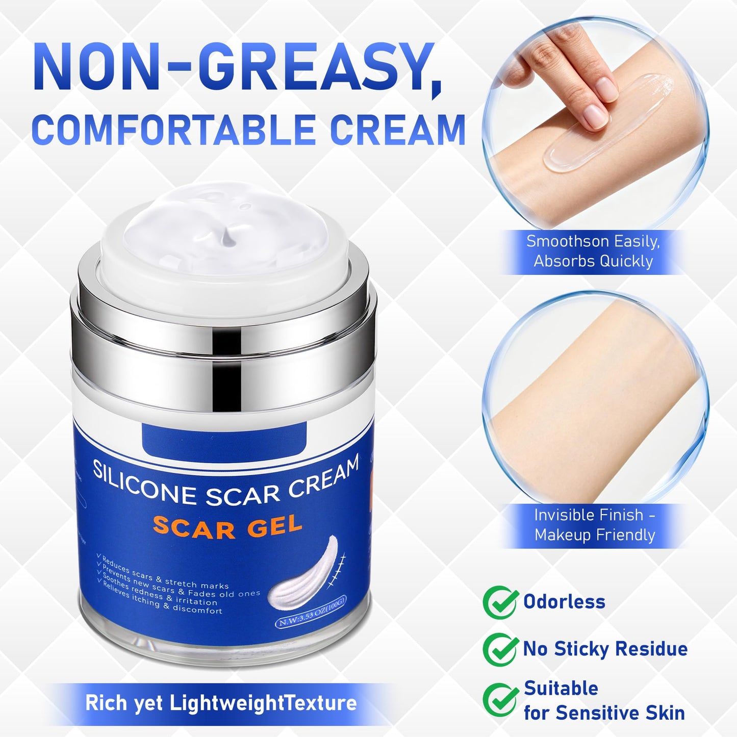Crobirware Silicone Scar Cream Gel - [3.53 oz / 100g] Jumbo Value Pack - Advanced Gel for Old & New Scars, C-Section, Stretch Marks, Surgery, Acne, Burns, Keloids - Face & Body