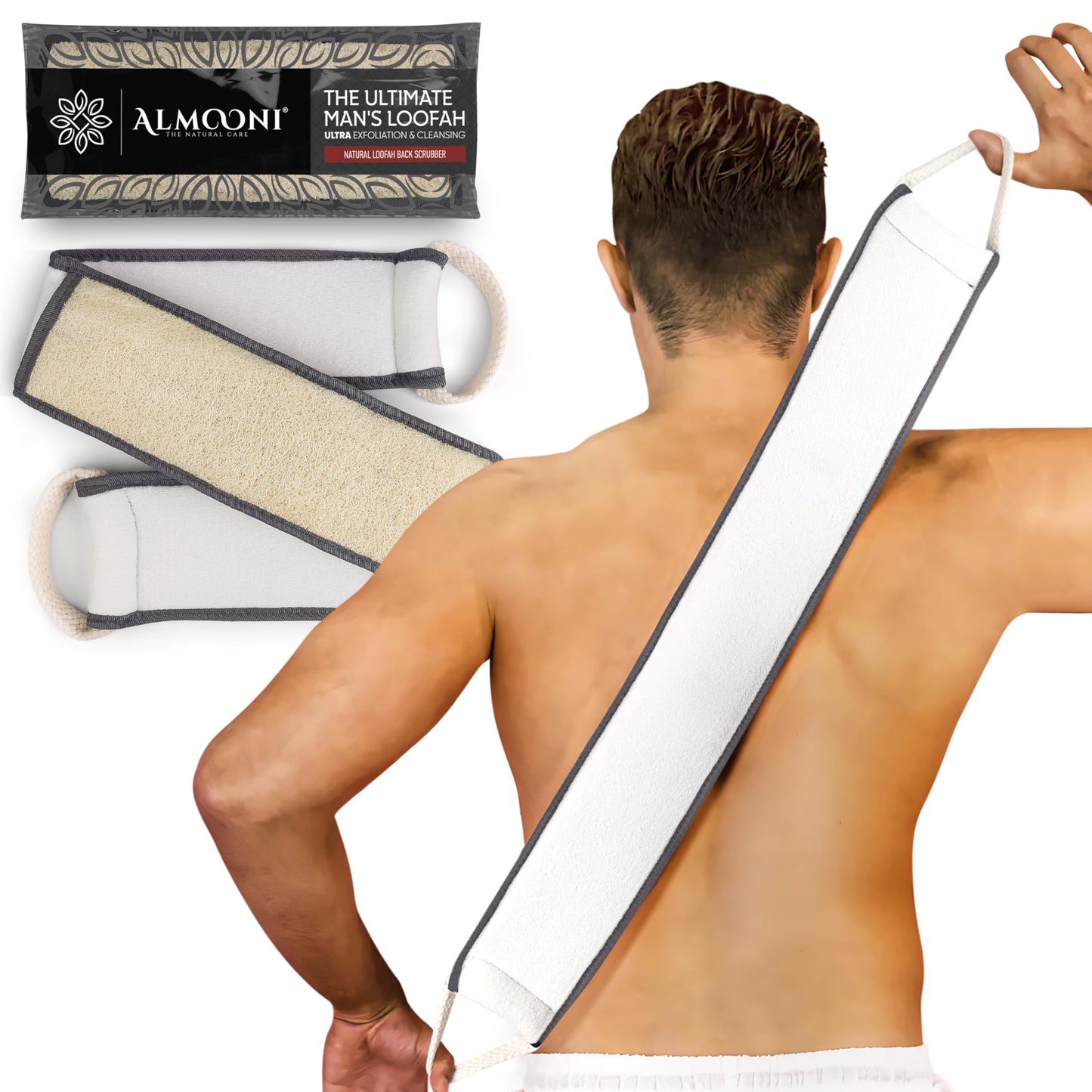 Sturdy Natural Loofah Back Scrubber for Shower for Men, Egyptian Loofah Body Scrubber Exfoliator and Washer for Men to Clean Your Back Deeply Like an Exfoliating Washcloth- 1 Count (1 Pack) - Gray