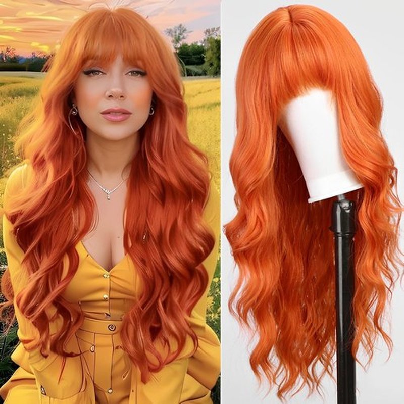 KOME Orange Wigs with Bangs,Orange Wig for Women Long Wavy Wig for Women,Long Curly Wigs Synthetic Hair Wig for Party Cosplay Daily Use 26IN