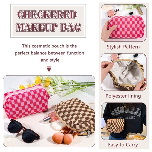 ZLFSRQ 2Pcs Checkered Makeup Bag for Women Large Capacity Cosmetic Bag Set Travel Makeup Pouch for Purse Zipper Toiletry Organizer Cute Y2K Aesthetic Trendy Makeup Brushes Storage Bag(Pink/Brown)