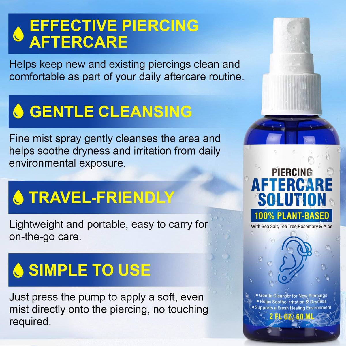 Piercing Aftercare Spray, Piercing Aftercare Solution, Sea Salt Spray for Body and Facial Piercings, Ear, Nose, Navel, Oral & Body Piercing Cleaner, Fine Mist 2 Fl Oz