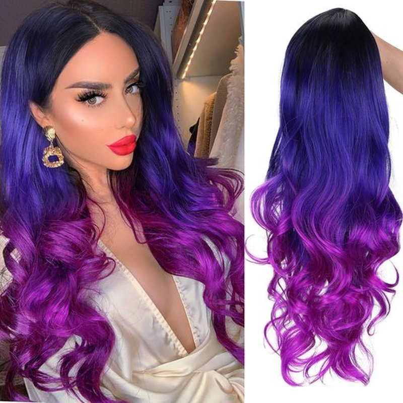 Fancy Hair Purple Long Curly Wavy Hair Wigs Heat Resistant 3 Tones Dark Roots Synthetic Daily Party Cosplay Wigs for Women 26" (1B to Blue Purple)
