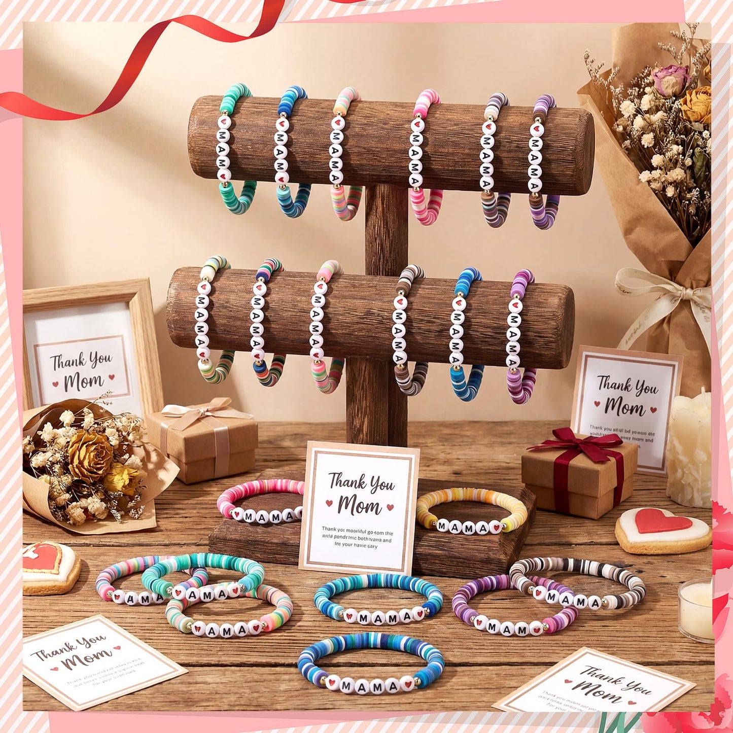 Huquary 24 Mama Bracelet Gifts Bulk Christian Gift for Mom Clay Bracelets for Church Women Mom Group Mothers Day Party Favors(24 Pcs,Colorful)