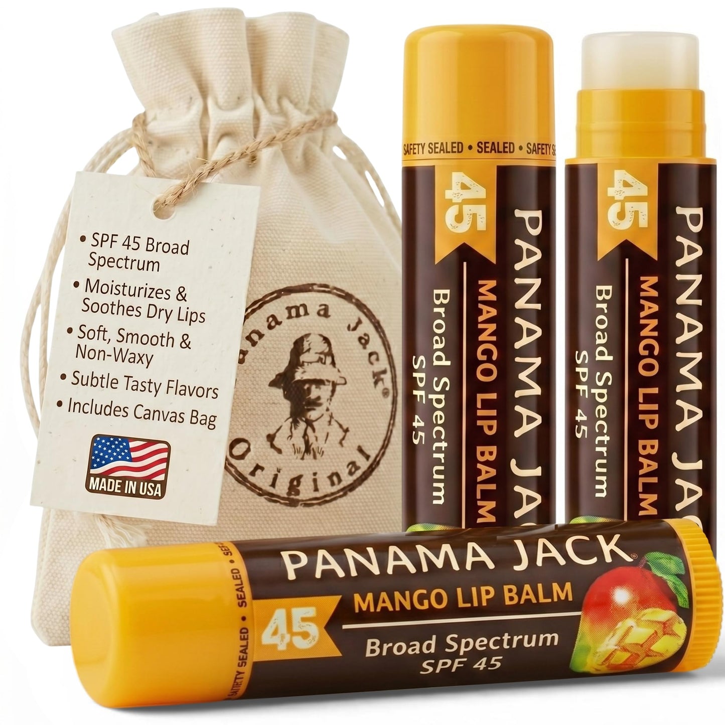 Panama Jack Sunscreen Lip Balm - SPF 45, Broad Spectrum UVA-UVB Sunscreen Protection, Prevents & Soothes Dry, Chapped Lips, Mango, 3-pack