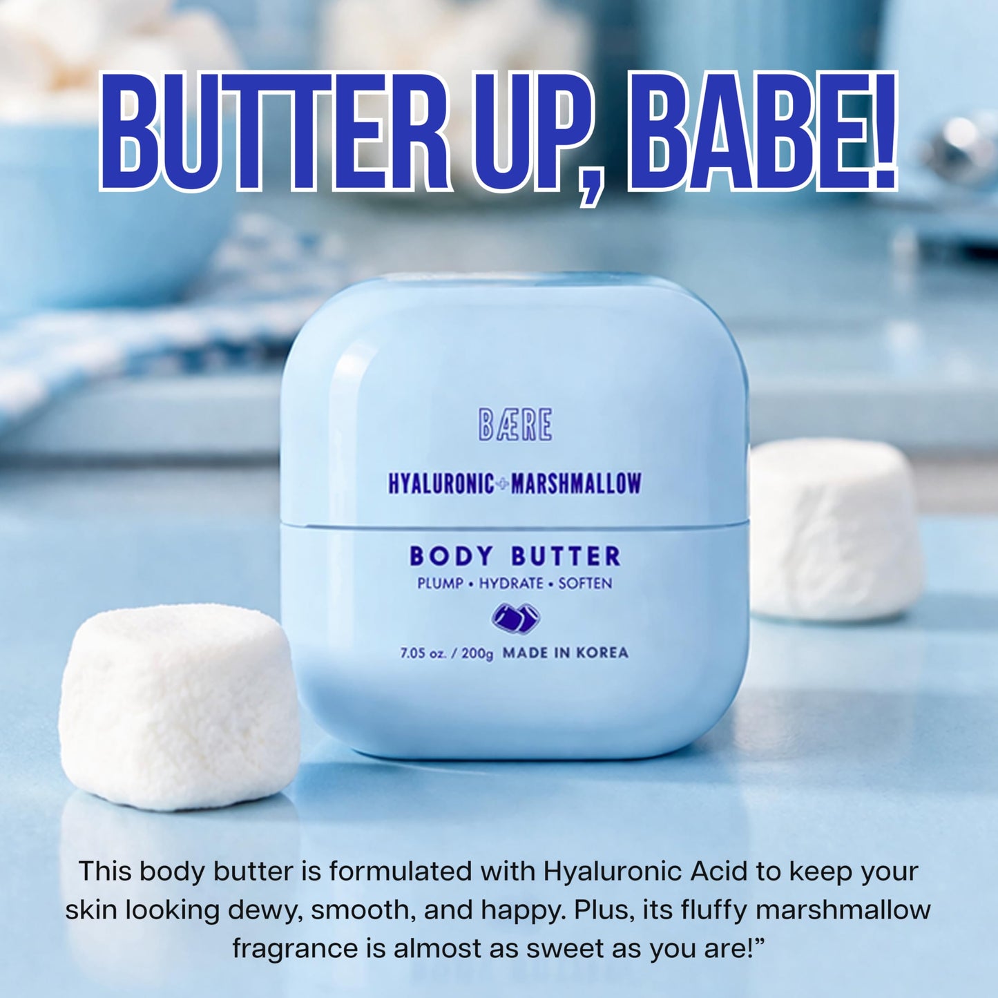 Baere Hyaluronic Acid Body Butter With Marshmallow - Dermatologist Tested, Anti Aging, Korean Skin Care - Deep Hydration, Smoother, Plumper, Dewy Skin - Vegan, Clean Beauty - 7.05 Oz
