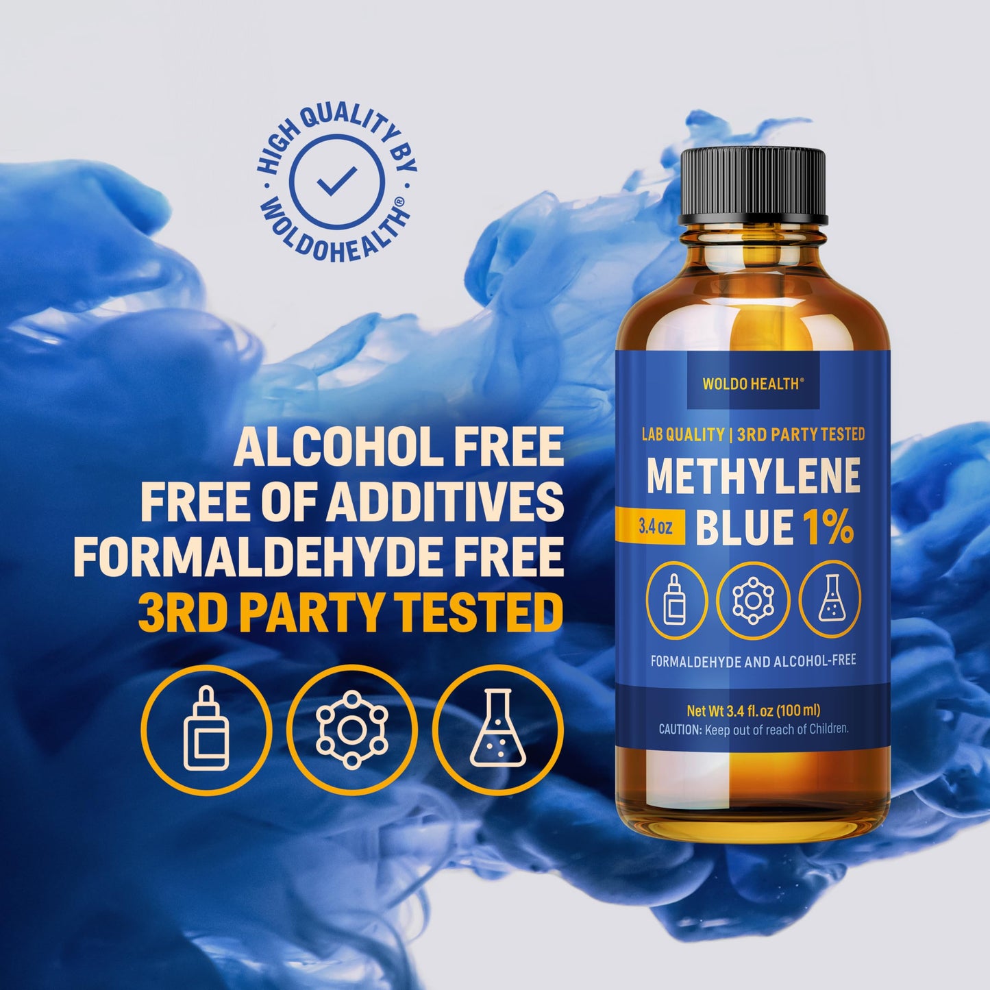 WoldoHealth Methylene Blue 1% Drops 3.4 Fl Oz - USP Pharmaceutical Grade, Azul de Metileno, High Purity, Third-Party Tested