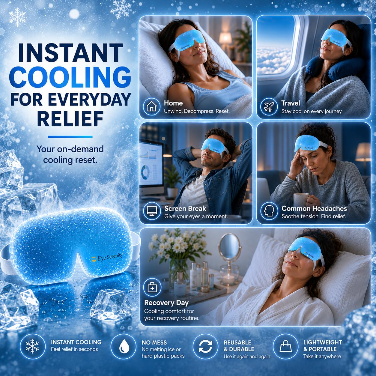 Lure Essentials Eye Serenity CHILL Self Cooling Eye Mask for Sleeping, Cooling Eye Patches for Dark Circles and Puffy Eyes, Cold Compress, Spa Relaxation and Self-care Gifts for Women & Men