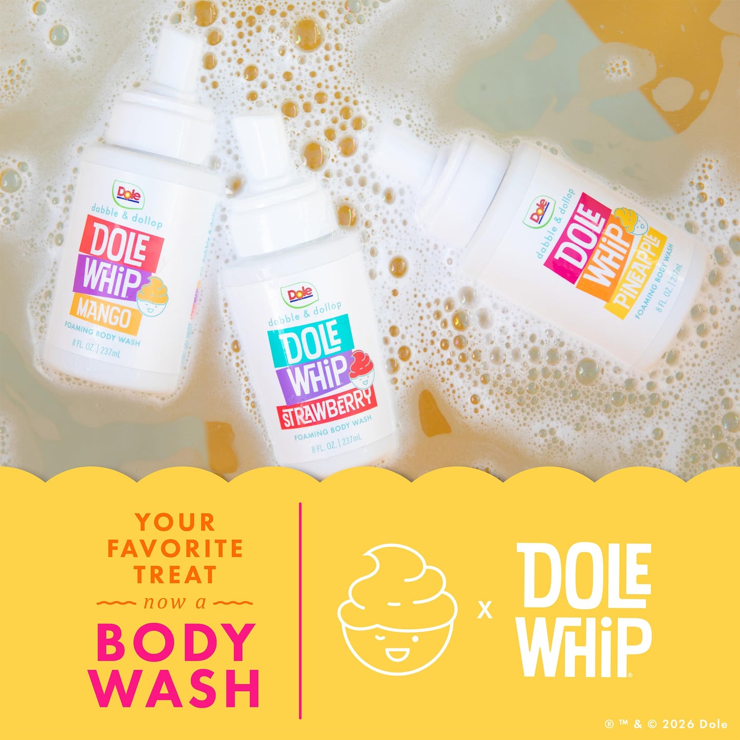 Dabble & Dollop Dole Whip® Strawberry Foaming Body Wash 2-Pack - Natural Origin Scent, Gentle Body Wash for Kids, Toddlers & Family, Sensitive Skin, Sulfate & Paraben Free (8 fl oz, Pack of 2)